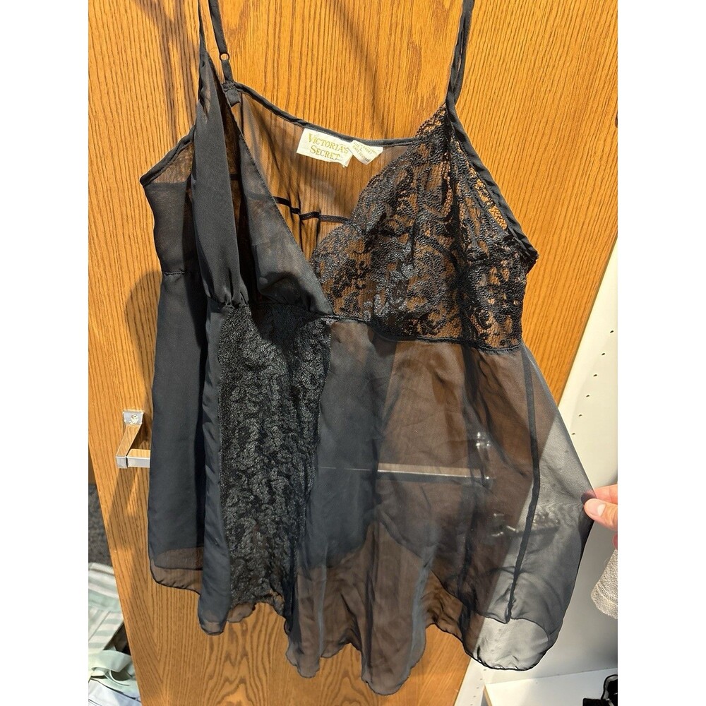 Vintage 90s Victoria's Secret Babydoll Chemise L Black Lace Satin Lingerie Gown